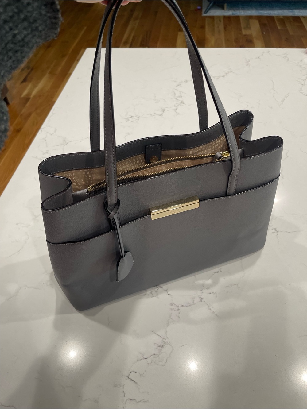 kate spade Gray Structured Saffiano Tote with Gold Plaque